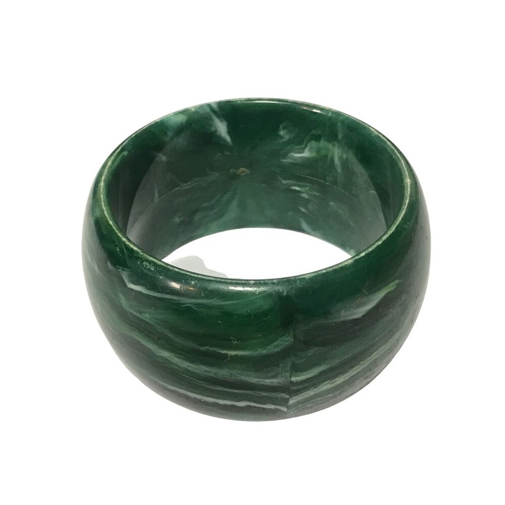 Vintage Wide Chunky Marbled Lucite Bangle Bracelet in Forest Green and White